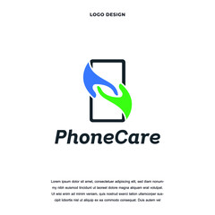 Creative phone care icon logo design vector illustration. communication smartphone with hand care symbol logo design color editable