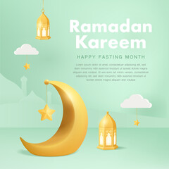 Ramadan Kareem square banners with 3d crescent moon with hanging traditional lanterns. Vector Illustration for greeting card, poster, ramadan sales and voucher.