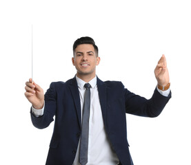 Music teacher with baton on white background