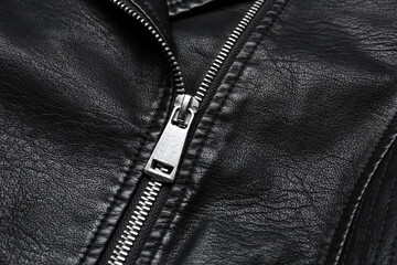 Closeup view of black leather jacket with zipper as background