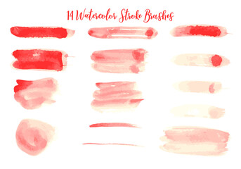14 Red Watercolor Stroke Brushes on white background.