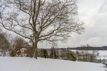 Typical street in city Viljandi Estonia in winter time