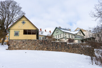 Typical street in city Viljandi Estonia in winter time