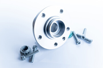 Accessories for cars. Set of new metal car part. Auto motor mechanic spare or automotive piece isolated on white background. Repair and vehicle service.