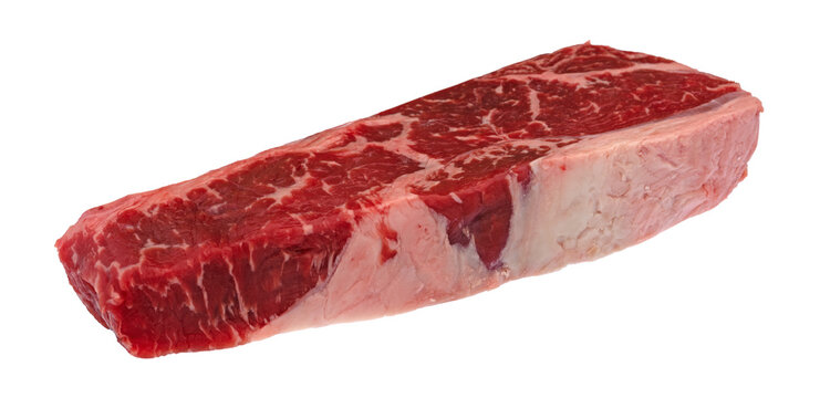 Side View Of A Raw Beef Loin Boneless End Cut Strip Steak Isolated On A White Background.