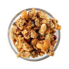 Overhead view of a small glass bowl filled with whole grains granola with fruit and nuts illuminated with natural light.