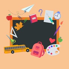 Back to school. Flat illustration of school supplies. Background with a chalkboard.