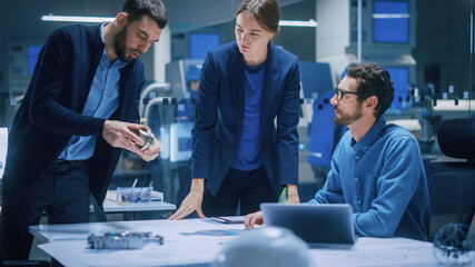 Modern Factory Office Meeting Room: Diverse Team of Engineers, Managers Talking at Conference...