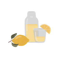 Homemade lemonade vector illustration. Glass, lemon and bottle with lemonade isolated on a white background.