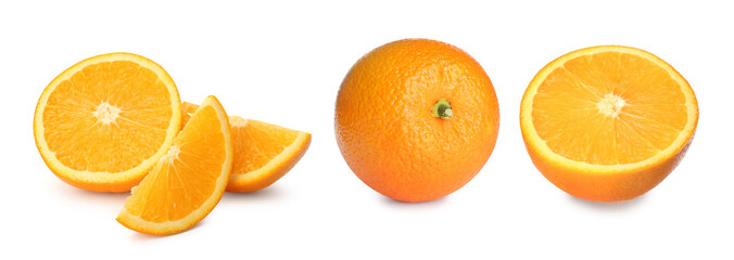 Set with tasty ripe oranges on white background. Banner design