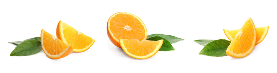 Set with tasty ripe oranges on white background. Banner design