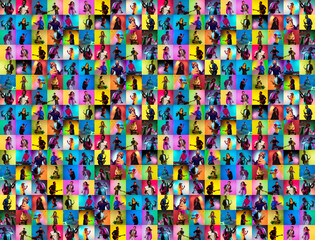 Collage of faces of surprised musicians on multicolored backgrounds. Happy men and women smiling. Human emotions, facial expression concept. Different human facial expressions, emotions, feelings