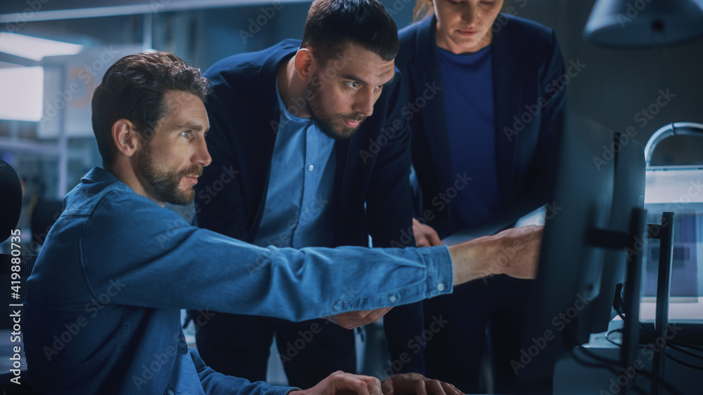 Poster Industry 4.0 Modern Factory: Team of Innovative Industrial Engineers Use Computer and 3D Printer to Build Complex Component. Group of Scientists Use High-Tech Machinery for Futuristic Design