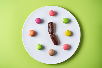 Macarons and eclears on white plate showing 5 o'clock on light green background