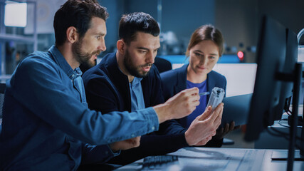 Industry 4.0 Modern Factory: Team of Innovative Industrial Engineers Use Computer and 3D Printer to...