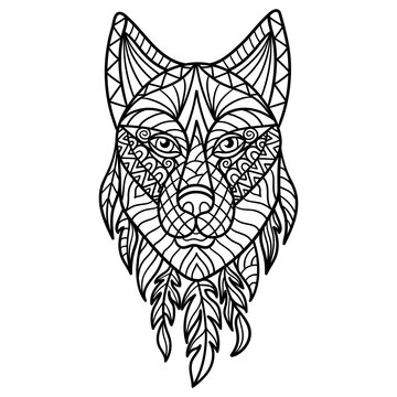Abstract wolf head in ethnic style, coloring page