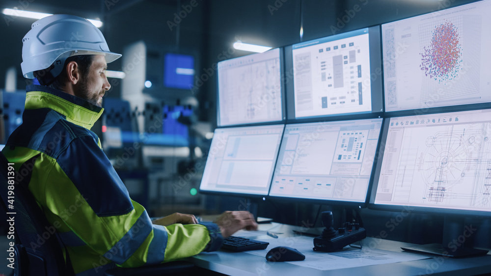 Poster Industry 4.0 Modern Factory: Facility Operator Controls Workshop Production Line, Uses Computer with Screens Showing Complex UI of Machine Operation Processes, Controllers, Machinery Blueprints