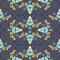 Ornate Bold Abstract Repeating Pattern In Blue And Yellow On A Purple Decorative Backdrop