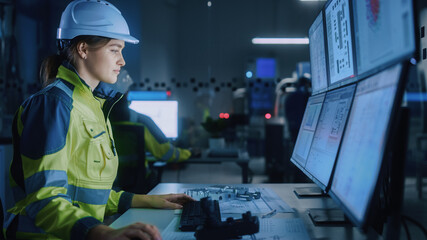 Industry 4.0 Modern Factory: Female Facility Operator Controls Workshop Production Line, Uses...