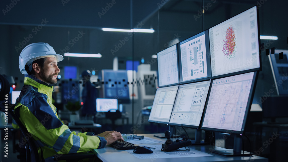 Poster Industry 4.0 Modern Factory: Facility Operator Controls Workshop Production Line, Uses Computer with Screens Showing Complex UI of Machine Operation Processes, Controllers, Machinery Blueprints
