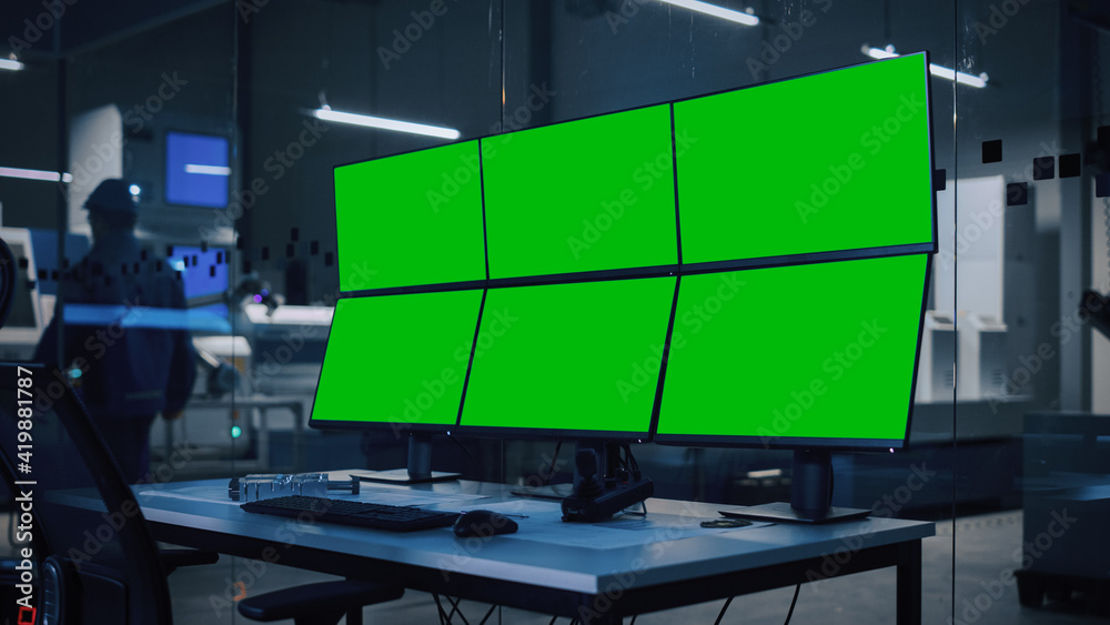 Poster Industry 4.0 Modern Factory: Security Control Room with Multipoke Computer with 6 Screens Showing Green Screen Teplates, Great for Mock-up. High-Tech Security