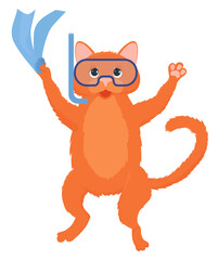  Ginger cat diver with flippers and mask cartoon mascot isolated on white. Vector illustration of animal at vacation.