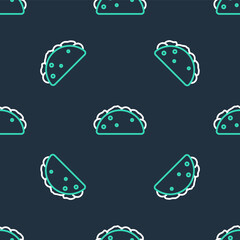 Line Taco with tortilla icon isolated seamless pattern on black background. Traditional mexican fast food menu. Vector