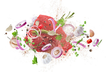 Fresh raw meat and different spices flying on white background