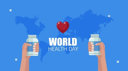 world healthy day lettering with hands lifting medicine bottles