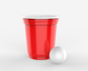 Fototapeta na wymiar Blank beer pong disposable cups and ball set for branding and mockup. 3d render illustration.