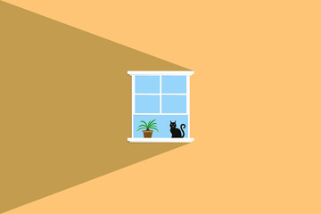 Vector background in a minimalistic style. Window with a cat. Cozy illustration, cat sitting on the window.