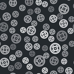 Grey Car wheel icon isolated seamless pattern on black background. Vector