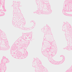 Cat. Seamless pattern. Zentangle. Hand drawn cat with abstract patterns on isolation background. Design for spiritual relaxation for adults. Art creative. Outline for tattoo, printing on t-shirts