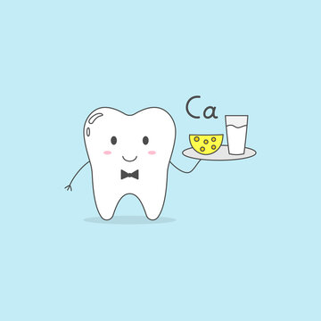 Tooth cute cartoon character waiter tray healthy food cheese milk vector illustration.