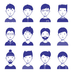 Set of male icon avatars for social networks and the web. Flat style vector illustration. Different faces on a white background.