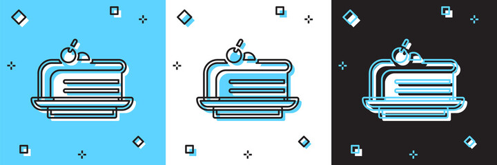 Set Piece of cake icon isolated on blue and white, black background. Happy Birthday. Vector