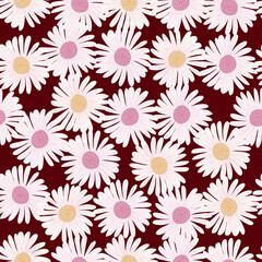 Fototapeta na wymiar Seamless random pattern with white vintage daisy flowers ornament. Maroon background. Botanic field print.