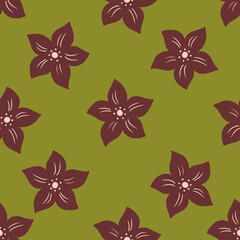 Fototapeta na wymiar Botanic seamless pattern with brown tropic flowers elements. Green olive background. Simple style.