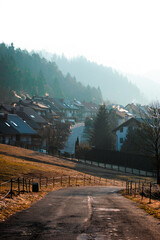 Mountain village in the cold sunrise