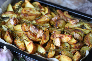 Appetizing baked potato wedges. Country-style potatoes on a baking sheet. Potatoes with herbs and garlic.
