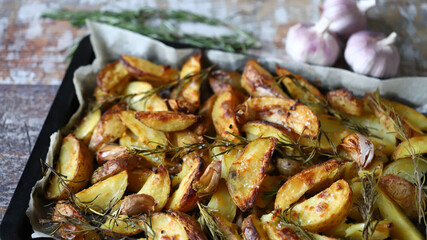 Appetizing baked potato wedges. Country-style potatoes on a baking sheet. Potatoes with herbs and garlic.