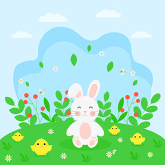 This is a flat illustration. There are rabbits and chicks.