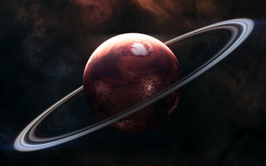 Red planet of solar system. Inhabited Mars with rings. 3D render. Science fiction. Elements of this image furnished by NASA