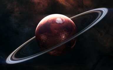 Red planet of solar system. Inhabited Mars with rings. 3D render. Science fiction. Elements of this image furnished by NASA © Aaron Alien