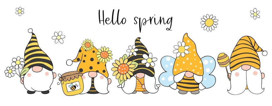 Draw banner bee gnomes with flower for spring and summer