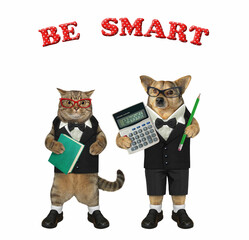 There are a dog labrador in a bow tie and a beige cat in glasses. Be smart. White background....