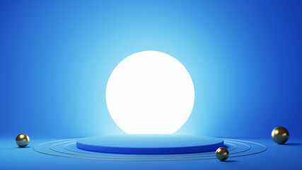3d render of blue and gold podium. Background with geometric composition, semicircular stand. Modern design.
