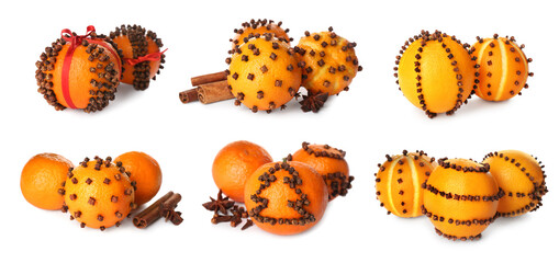 Set with different pomander balls made of fresh tangerines and cloves on white background. Banner design