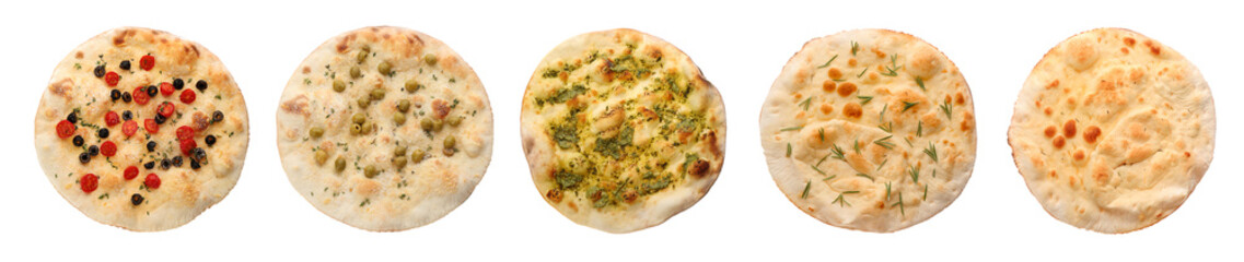 Set with different traditional Italian focaccia on white background, top view. Banner design