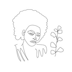 Modern Elegant Nice Woman Poster. One Line Woman Drawing. Hipster Single Line Girl Portrait. Feminine Beauty Background. Cute Female Linear Portrait. Graphic Female Face Floral Illustration.